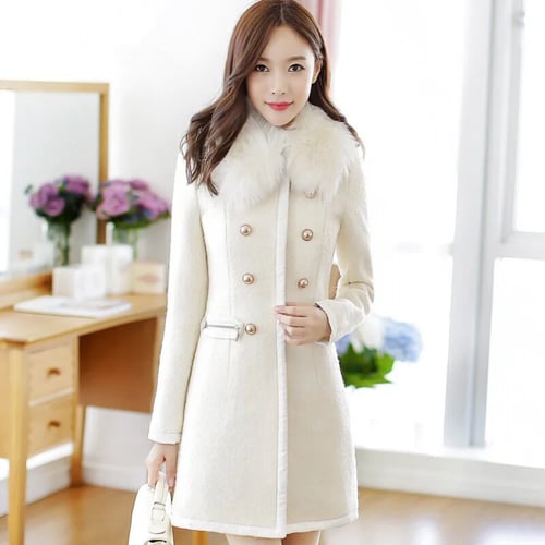 Long Wool Blend Fur Collar Trench Coat, Winter White Wool Coat Ladies