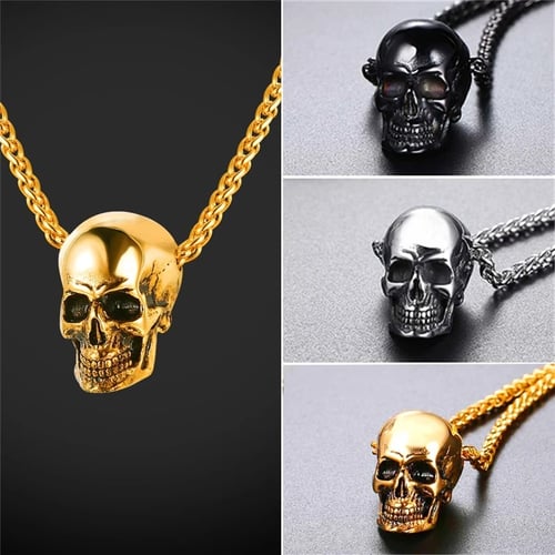 U7 Stainless Steel Skull Skeleton Charm Pendant Necklace Punk Style Mens Jewelry