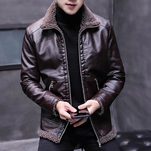 Mens PU Leather Fleece Lined Jacket Coat Winter Warm Stand Collar Parka Outwear