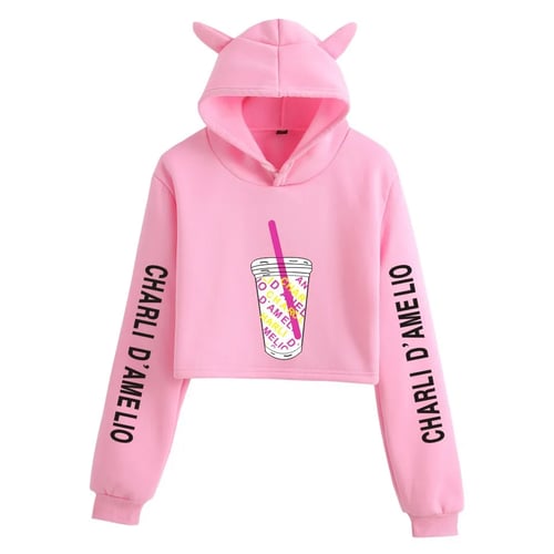 Women Fashion Letter Print Drawstring Pink Short Sleeve Hooded Casual Crop Top
