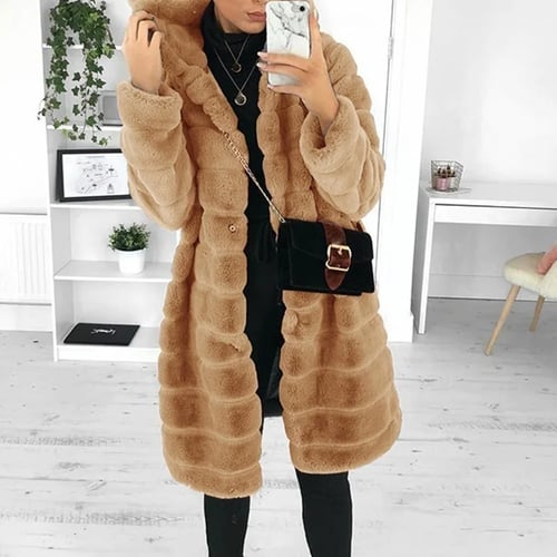 Womens Faux Fur Coat Jacket Tops Shaggy Hooded Long Sleeve Fashion Warm Outwear