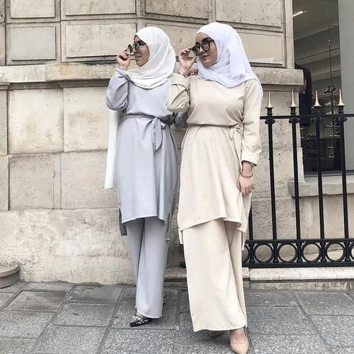 2 Piece Muslim Arab Long Tunic Tops Blouse Pants Women Casual Abaya Kaftan Sets