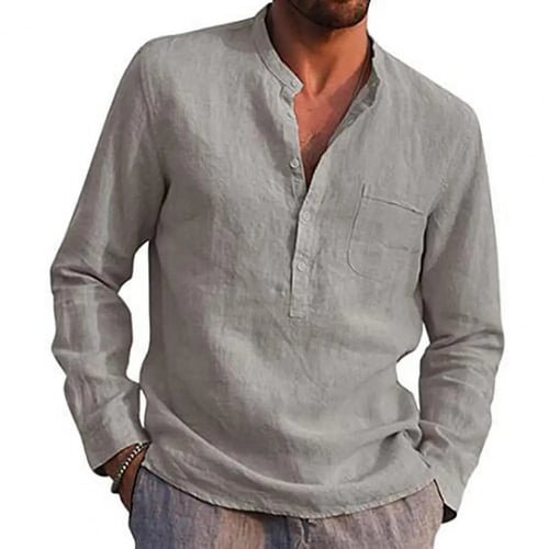 Men Long Sleeve Collarless T Shirt Causal Loose Fit Button Down Tee Tops Blouse 