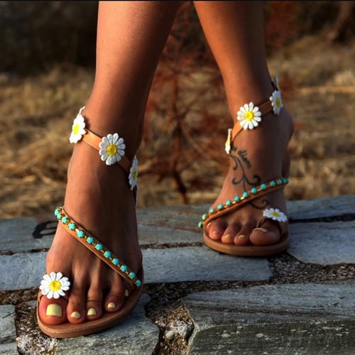 Gladiator Women Summer Beach Rhinestone Flower Boho Casual Flip Flop Sandal Shoe 