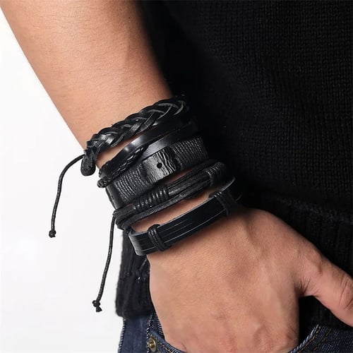Retro Cuff Bracelet Wristband Bangle Punk Leather Wrap Braided Men Handmade Gift