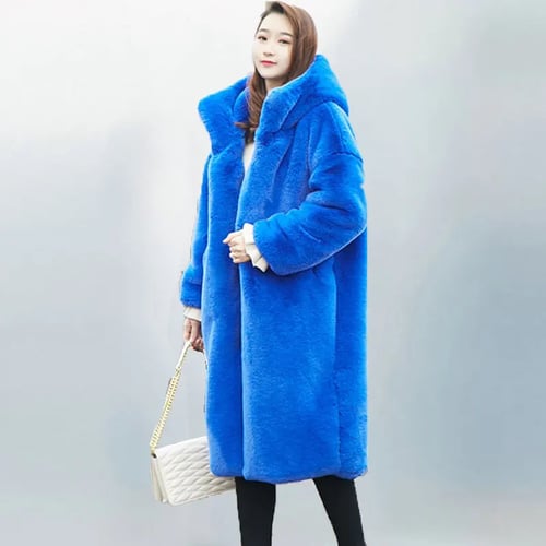 2020 Winter Women Ffaux Fur Coat Solid, Royal Blue Faux Fur Coat Plus Size