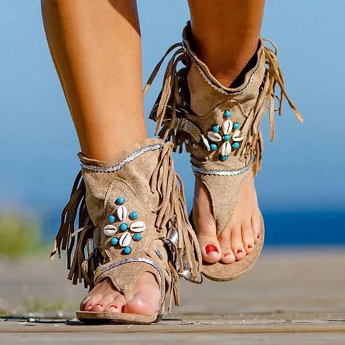 Summer Fashion high Back Zipper Roman Womens Sandals Flat Bottom high Sandals Straps Hollow Long Tassel Sandals