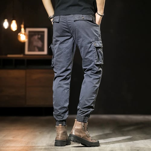 Mens Casual Cotton Cargo Pants Loose Fit Solid Mid Rise Outdoor Combat Overalls 