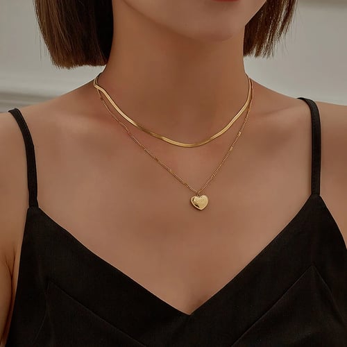 Gold Double Layer Chain Love Heart & Moon Pendant Necklace Women Jewelry Gift JI