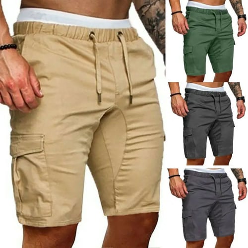 Mens Cropped Pants Cargo Combat Sports Fitness Workout Running Summer Elasticated Waist Loose Fit Jogging Shorts Trousers with Multi-Pocket 