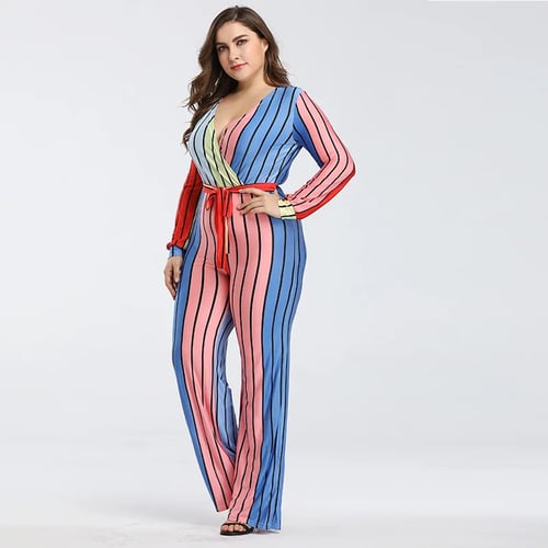 Fashion Women Ladies V-Neck 3/4 Sleeve Striped Casual Loose Jumpsuit Playsuit 