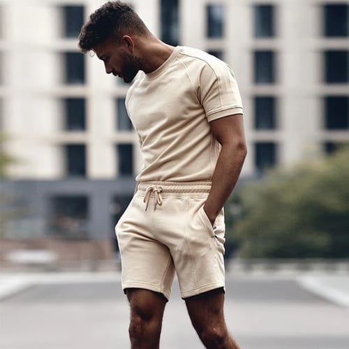 Men 2 Piece Outfits Printed Summer Casual Crew Neck Muscle Short Sleeve Tee Shirts Sport Shorts Set Tracksuit 