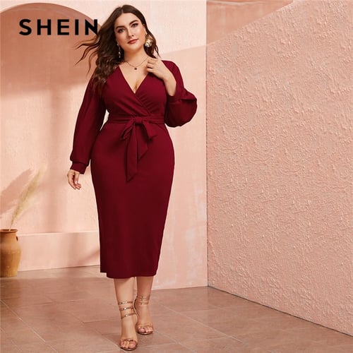 fly Vice ribben SHEIN Plus Size Burgundy Plunging Neck Wrap Belted Pencil Long Dress Women  Autumn High Waist Fitted Slit Wrap Party Sexy Dresses - buy SHEIN Plus Size  Burgundy Plunging Neck Wrap Belted Pencil
