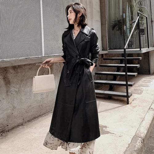 Lautaro Long Black Leather Trench Coat For Women Sleeve Belt Double Ted British Style Soft Faux Overcoat Lautaro Long Black Leather Trench Coat, Trench Coat Leather Belt