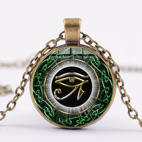 Eye of Horus Egyptian Cabochon Glass Tibet Silver Chain Pendant Necklace