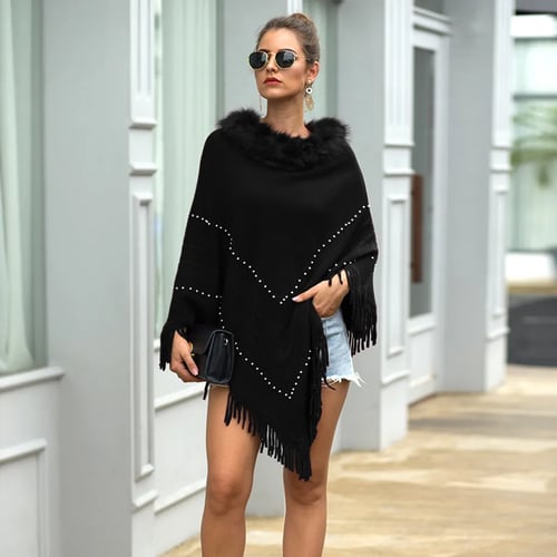 Women Winter Knitted Cashmere Poncho Capes Shawl Tassel Cardigans Sweater Coat 