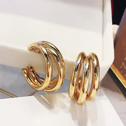 Minimalist Thick Tube Hoop Earrings Metal Gold Silver  Geometric Round Circle