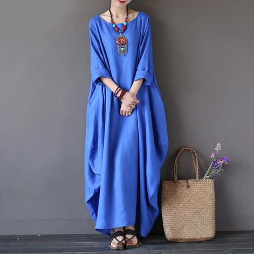 Womens Batwing Sleeve Robe Cotton Linen Oversize Plus Size Kaftan Long Dresses D 