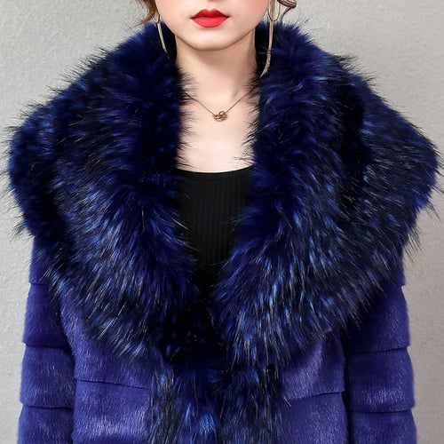 Nerazzurri Sapphire Blue Luxury Mink Fur Coat With Fox Trim Long Furry Striped Faux Overcoat Women Plus Size Fluffy Jacket Nerazzurri Sapphire Blue Luxury Mink, Royal Blue Faux Fur Coat Plus Size