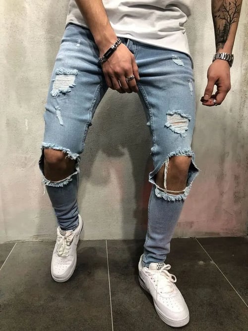 Mens Destroyed Ripped Denim Jeans Slim Fit Straight Jean with Broken Holes 