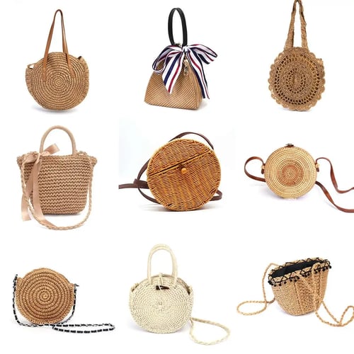 Women Vintage Beach Straw Bag Ladies Handmade Woven Rattan Messenger Handbag Summer Bali Bohemian Crossbody Shoulder Bag