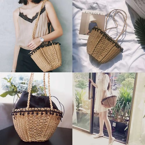 Women Vintage Beach Straw Bag Ladies Handmade Woven Rattan Messenger Handbag Summer Bali Bohemian Crossbody Shoulder Bag