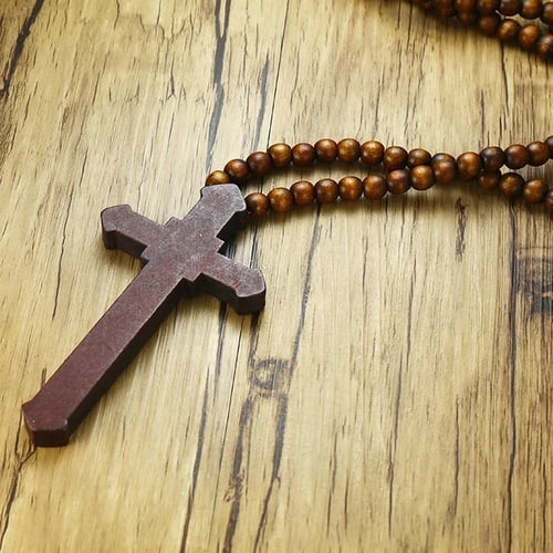Ladies Chunky Wooden Rosary Beads Crucifix/Cross 36" Long Necklace Men Boys 