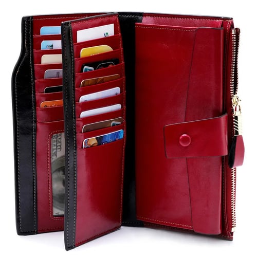 Red Wine Soluo RFID Blocking Large Capacity Luxury Leather Clutch Womens Purses with Zipper Pocket Handbag 