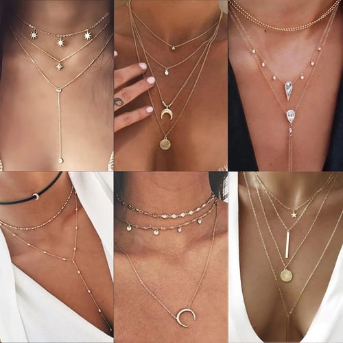 Creative Women Crystal Multi-Layer Choker Collar Pendant Chain Necklace Jewelry 