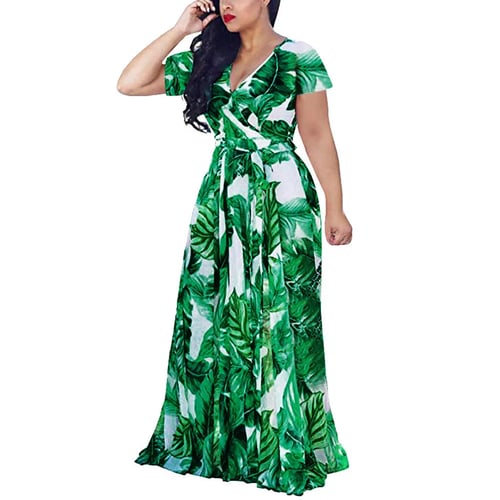 RYGHEWE Bohemian Maxi Dress Flounce Short Sleeve Plus Size Dress for Women Green Leaf Print Dresses