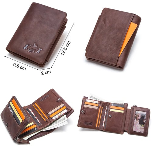 Leather Men Wallets Vintage Trifold Wallet Zip Coin Pocket Purse Cowhide Leather Wallet For Mens 