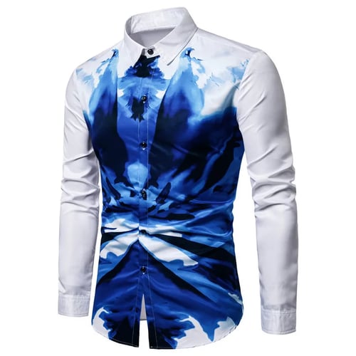 Fashion Men's Casual Long Sleeve Shirt Business Slim Fit Shirt Print Blouse Tops 