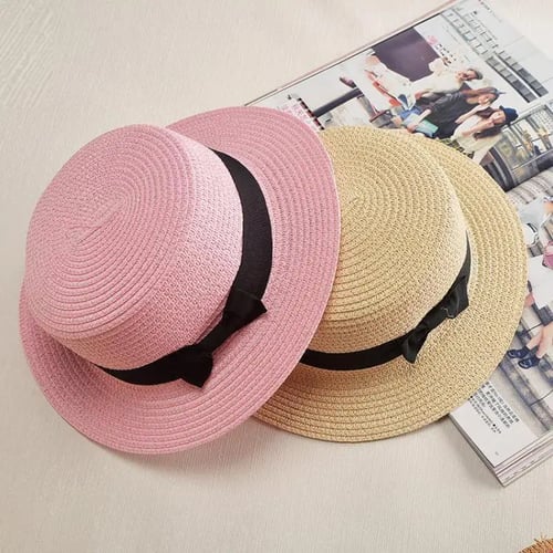 Female Casual Panama Hat Lady Women Flat Brim Bowknot Straw Cap Girls Sun Hat 