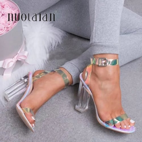 Style Ladies Ankle Strap High Heels Shoes Transparent Clear Sandals Shoes New 