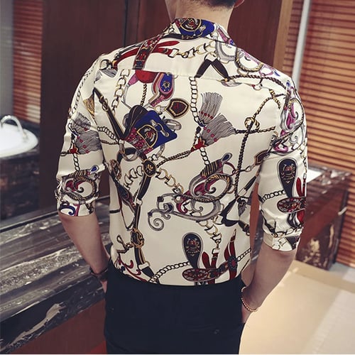 Chic Mens Leisure Printed Floral Nightclub Shirt Stand Collar 2019 Party Korean