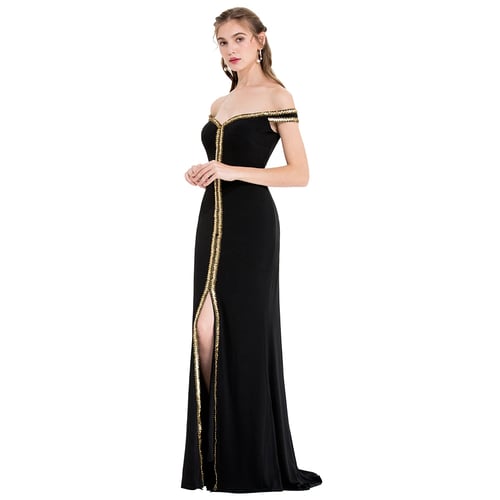 Angel-fashions Women's Off Shoulder V Neck Floor Length Black Formal Gown 398 
