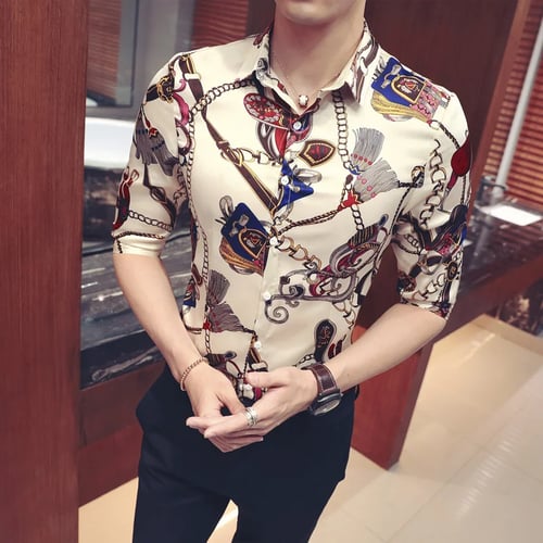 Chic Mens Leisure Printed Floral Nightclub Shirt Stand Collar 2019 Party Korean