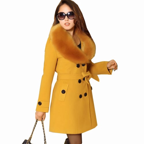 Womens Faux Fur Collar Solid Trench, Womens Faux Fur Trench Coat
