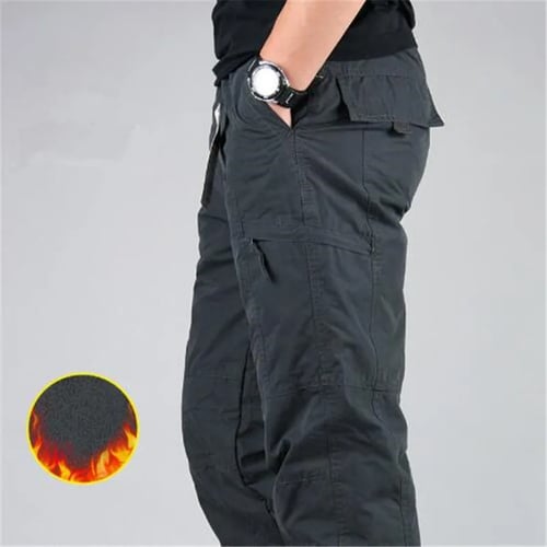 Thicken Men Winter Fleece Lining Cargo Work Combat Pants Pocket Pleated Trouser 