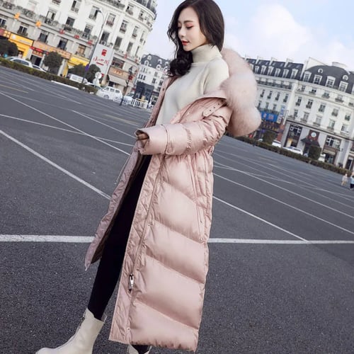 Womens Hooded Real Fur Collar Maxi Down Jacket Warm Slim Long Parka Coat Outwear 
