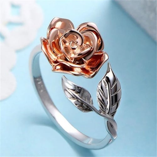 Creative Plant Leaf Gold Silver Rose Gold Vintage Open Finger Adjustable Rhinestone Ring For Women