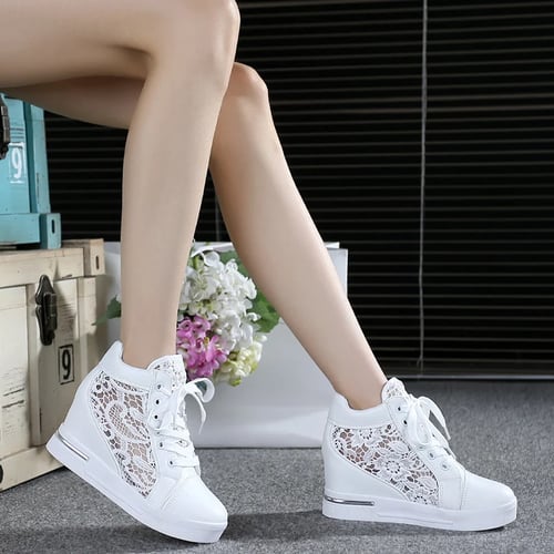Womens Mesh Sneakers Breathable Lace Up High Platform Wedge heel Sports Creepers