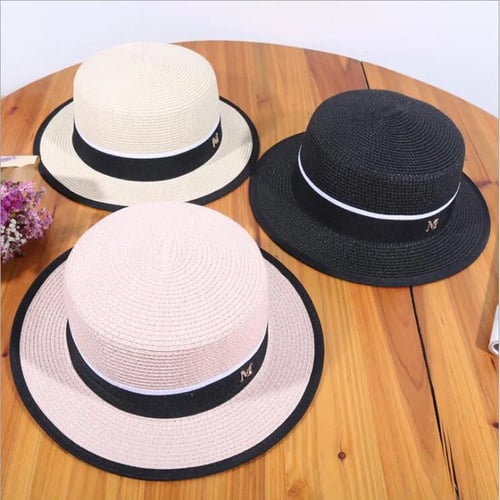 Women Sun Hat Sunmmer Beach Flat Top Straw Hat Men Boater Hats Bone Feminino