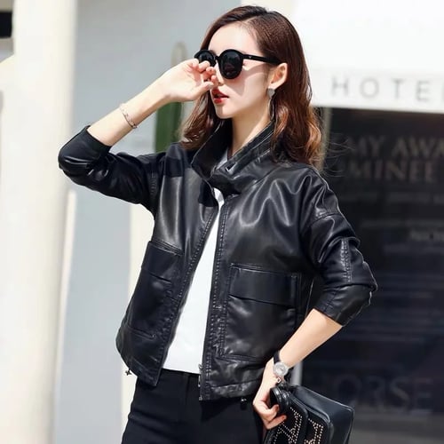 Plus Size Women PU Leather Motorcycle Short Biker Jacket Zipper Casual Outwear