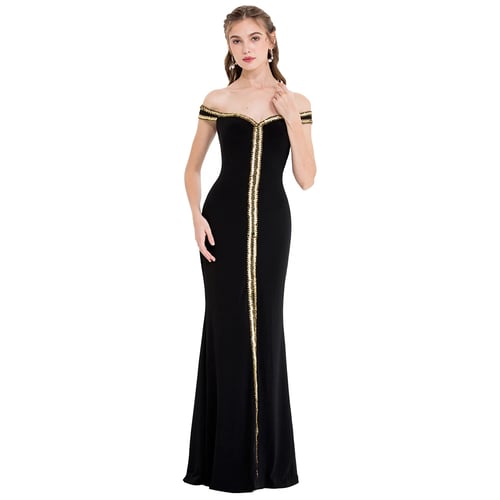 Angel-fashions Women's Off Shoulder V Neck Floor Length Black Formal Gown 398