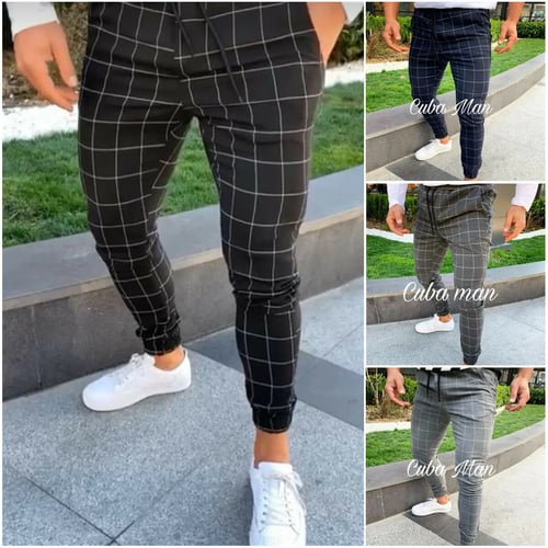 Mens Check Plaid Stretchy Casual Pants Loose Leggings Joggers Slim Fit Trousers 