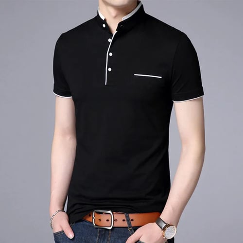 Black White Polo Shirts Cotton Tops Fashion Plus Size Short Sleeves Stand Collar 