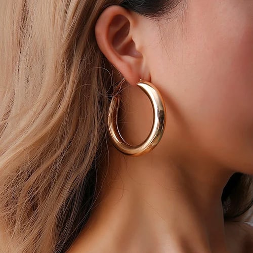 Minimalist Thick Tube Hoop Earrings Metal Gold Silver  Geometric Round Circle
