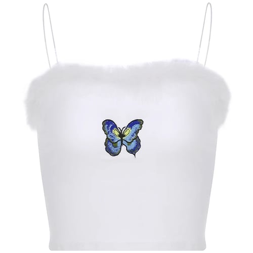 Woman Sleeveless Crop Vest Butterfly embroidery Soft Plush Patchwork Crop Tank