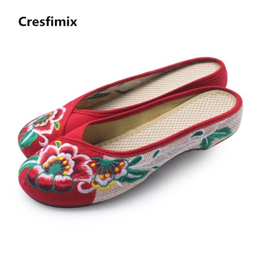 Womens Satin Ballet Chinese Vintage Slip On Shoes Flat Loafers Embroidered Retro